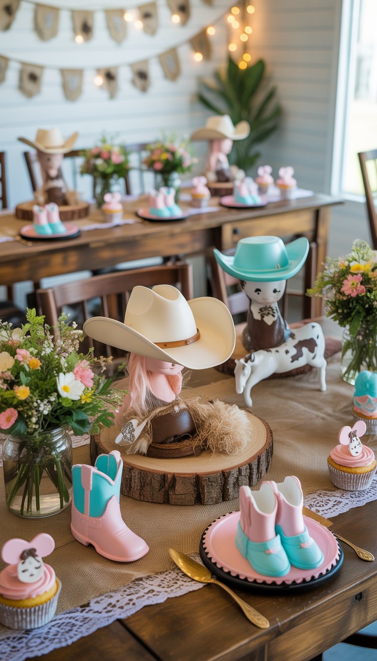 A decorated baby shower table with cowboy hats, baby booties, wildflowers, and themed cupcakes in a rustic Western setting.